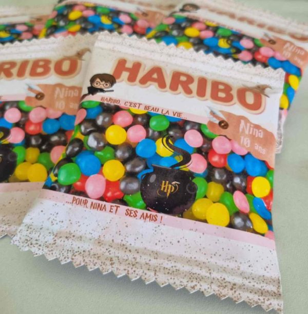 Sachets bonbons personnalisés Haribo bonbon dragibus sachets thème Harry Potter fête anniversaire évènement papeterie personnalisée proche Rennes
